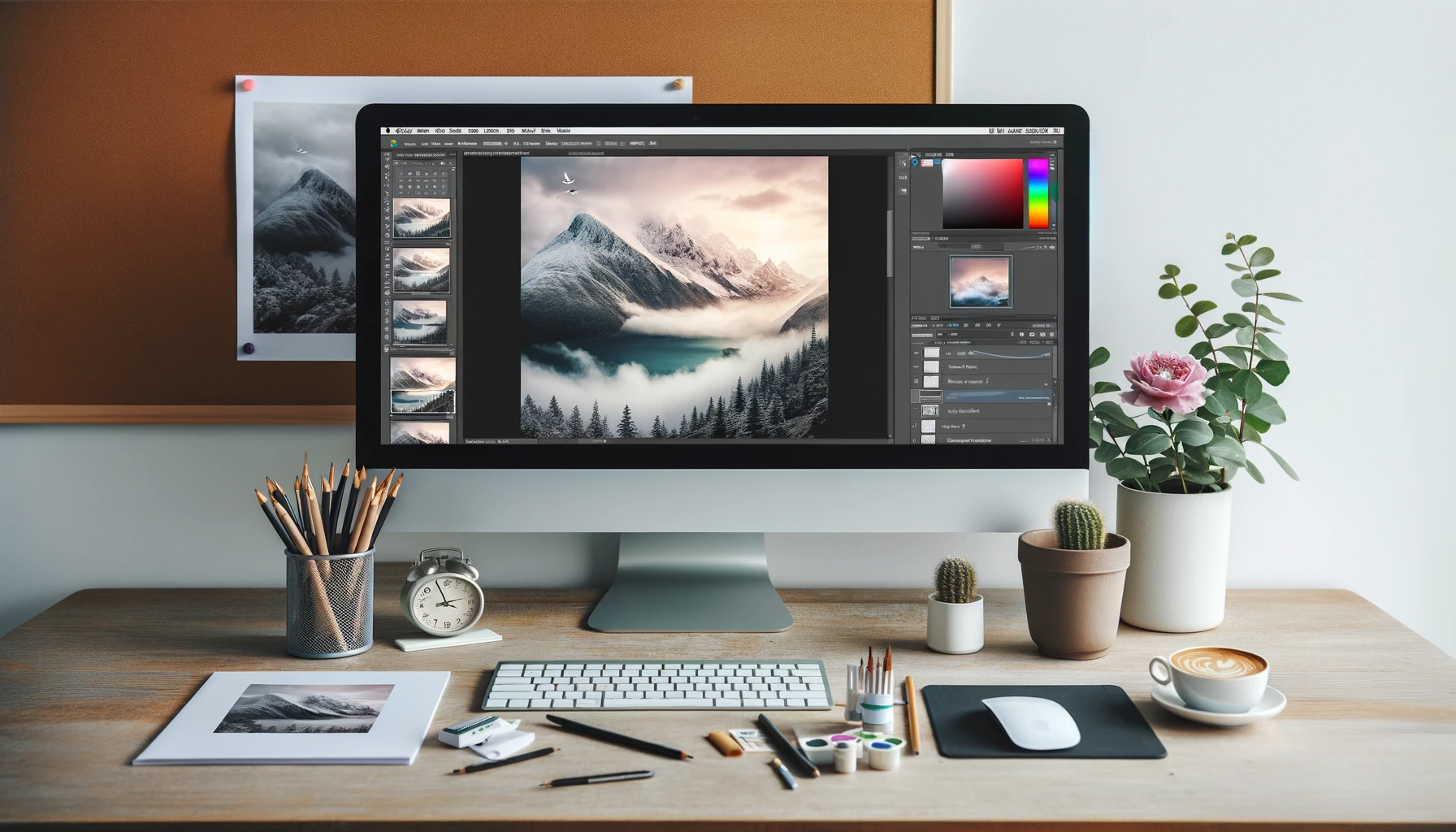 DALL·E 2024 02 20 17.39.47 Een geopend grafisch bewerkingsprogramma op een computerscherm met een duidelijke voor en na weergave van een foto. Aan de ene kant van het scherm is